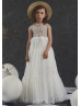 Beaded Ivory Lace Pleated Tulle Curly Hem Flower Girl Dress